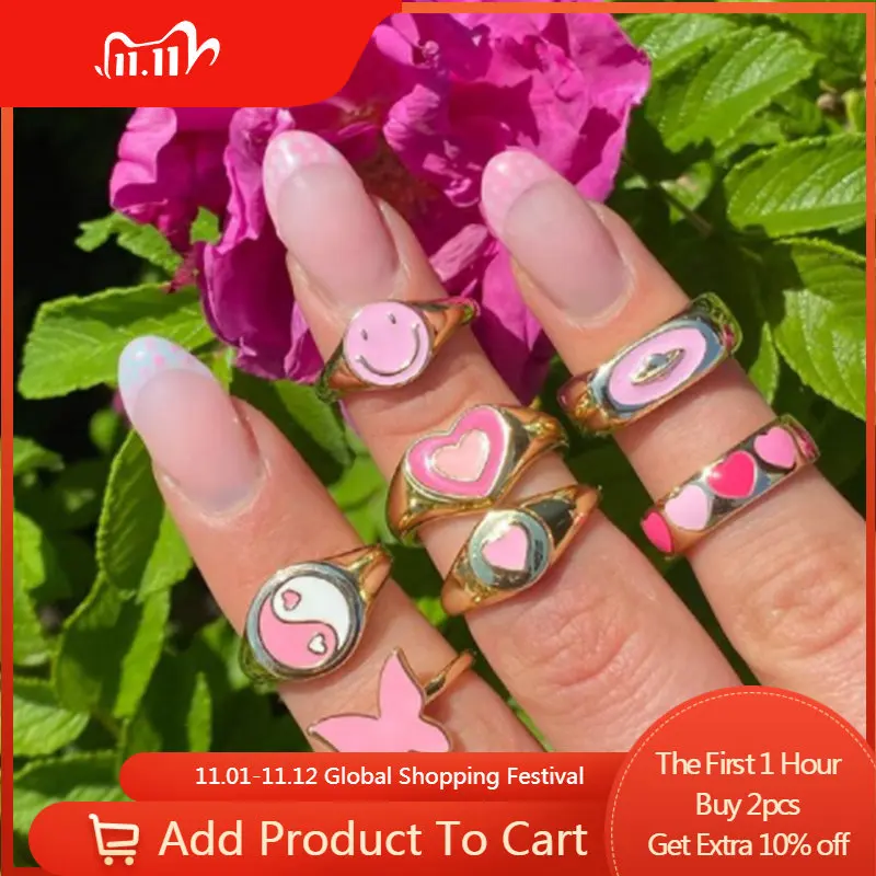 

2022 NEW Pink Smiley Heart Enamel Zircon Acrylic Rings Women Summer Party Travel Gift for Girls Ring Jewelry