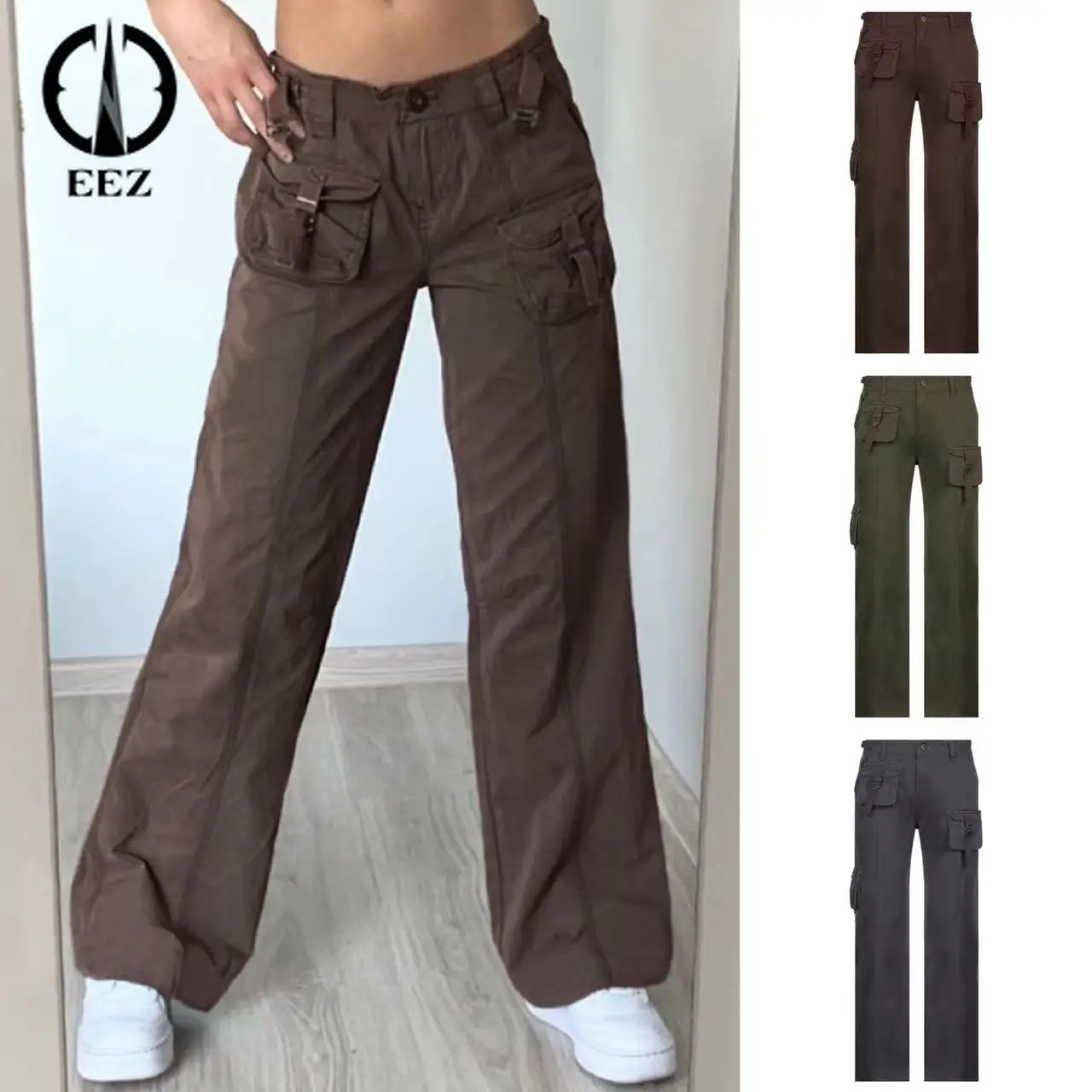 

Low Waist Cargo Pants Grunge Vintage Joggers Baggy Jeans Woman Streetwear with Pockets Preppy Style Straight Denim Pants 90s