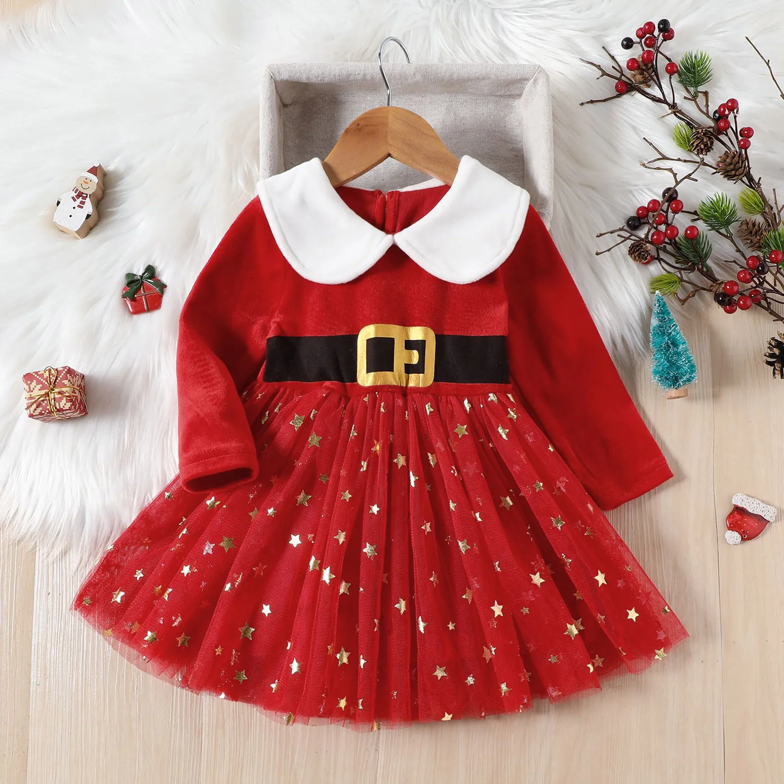 

Рождественское детское платье для девочек, детское фатиновое платье принцессы с длинным рукавом и звездой и Санта-Клаусом, Рождественский детский костюм для косплея