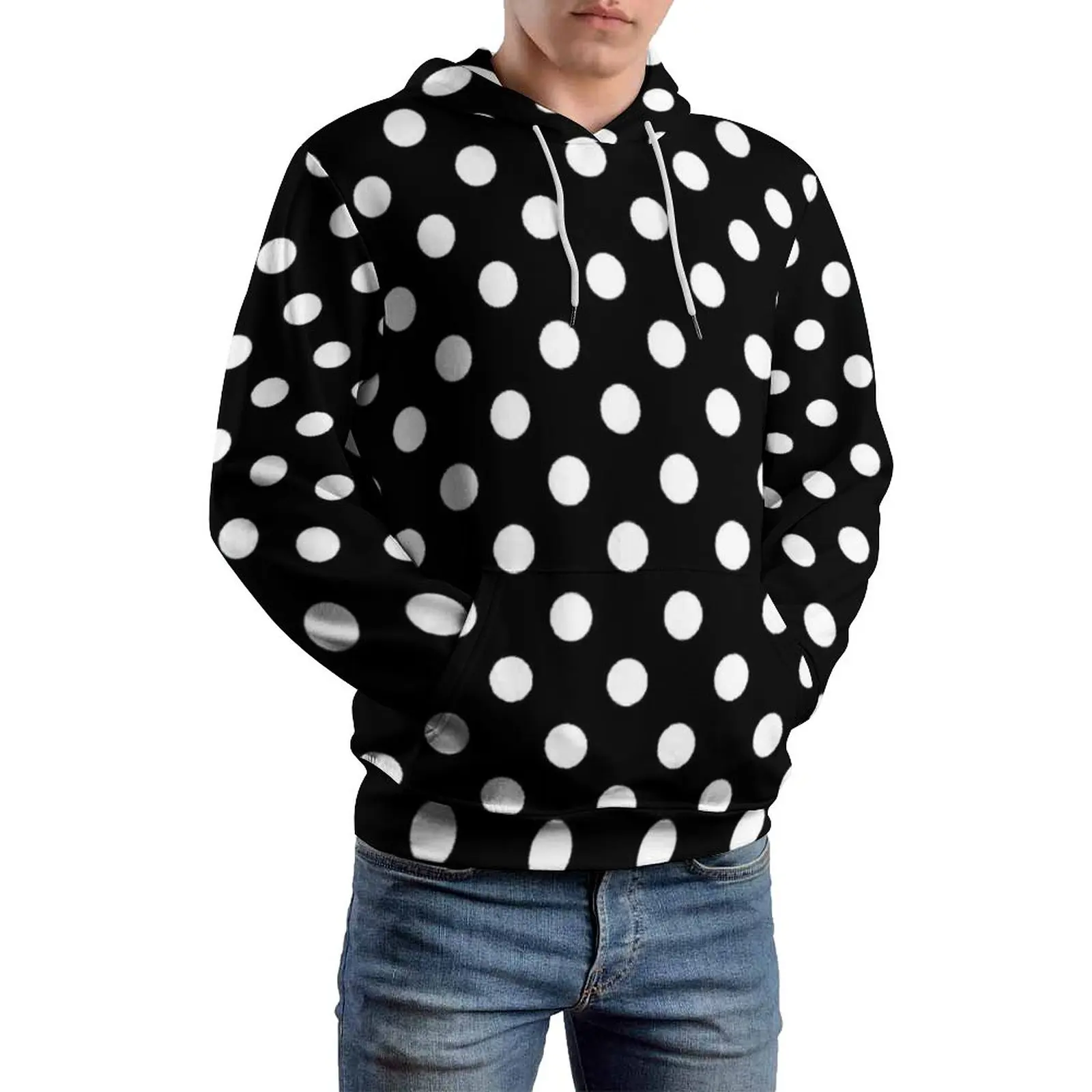 

Black And White Polka Dot Print Loose Hoodies Trendy Modern Art Fashion Hoodie Couple Long-Sleeve Elegant Sweatshirts Plus Size