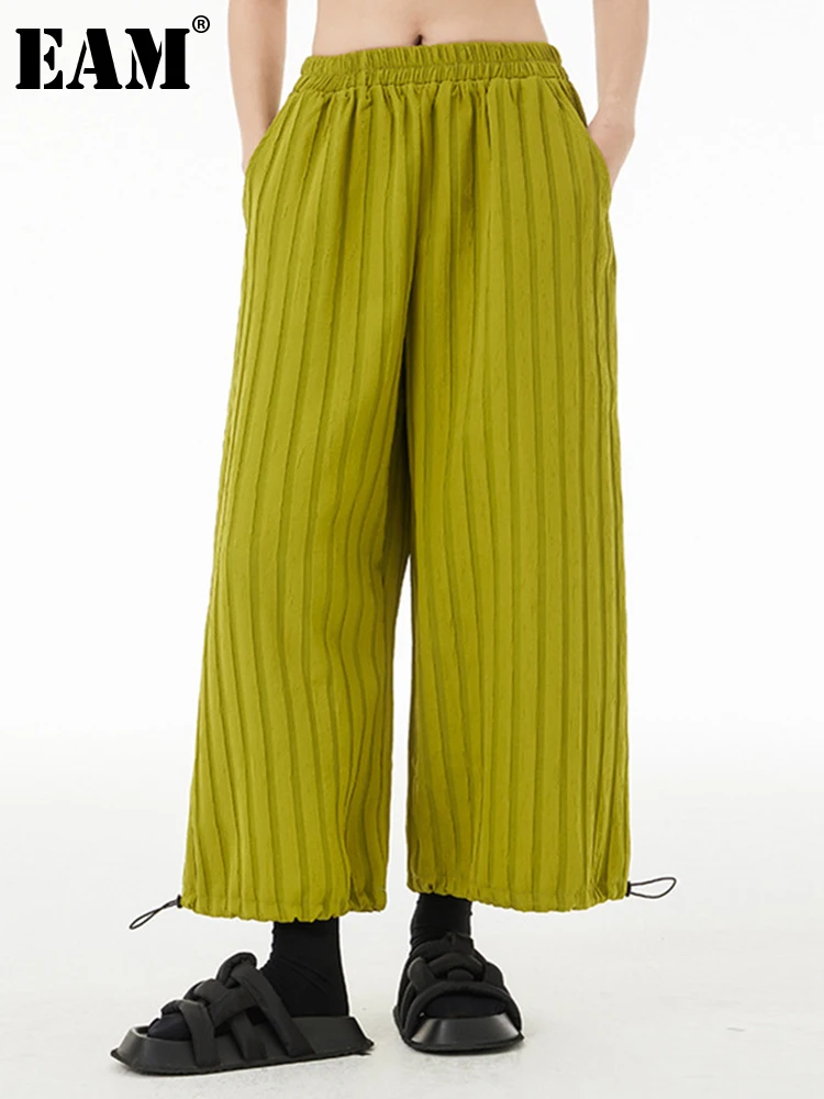 

[EAM] High Elastic Waist Black Pleated Striped Drawstring Pants New Loose Fit Trousers Women Fashion Spring Autumn 2023 1DF5825