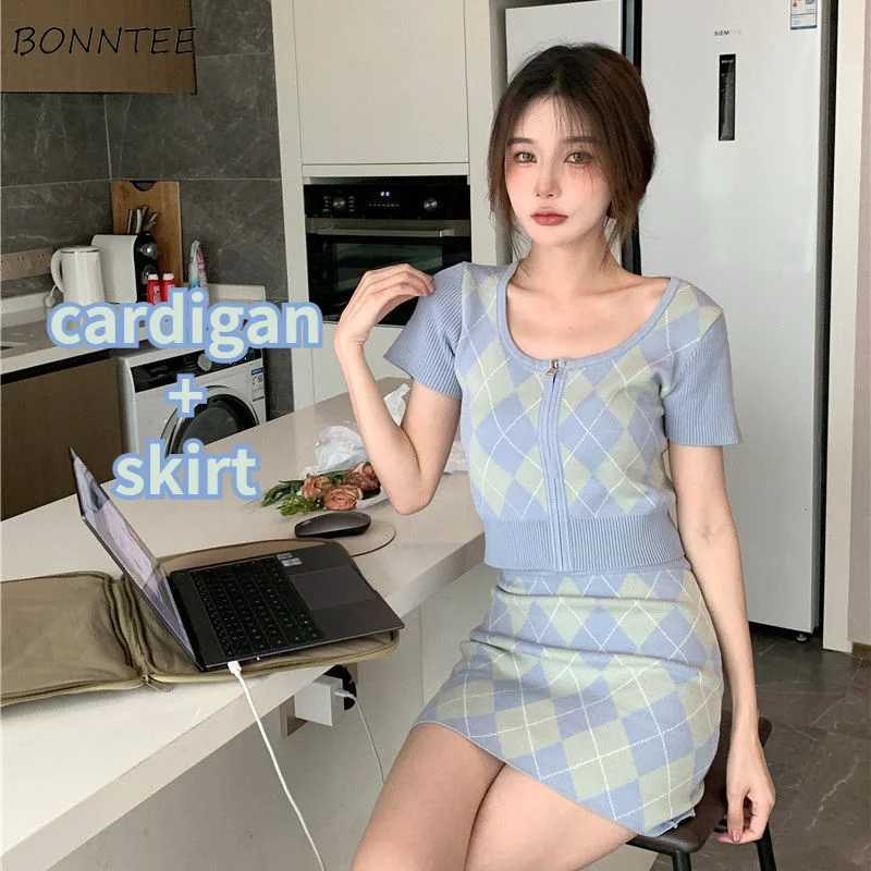Sets Women Lovely Argyle Knitwear and Skirts 2 Pieces Summer Preppy Style Holiday Harajuku Casual Crops Stretchy Streetwear Cozy
