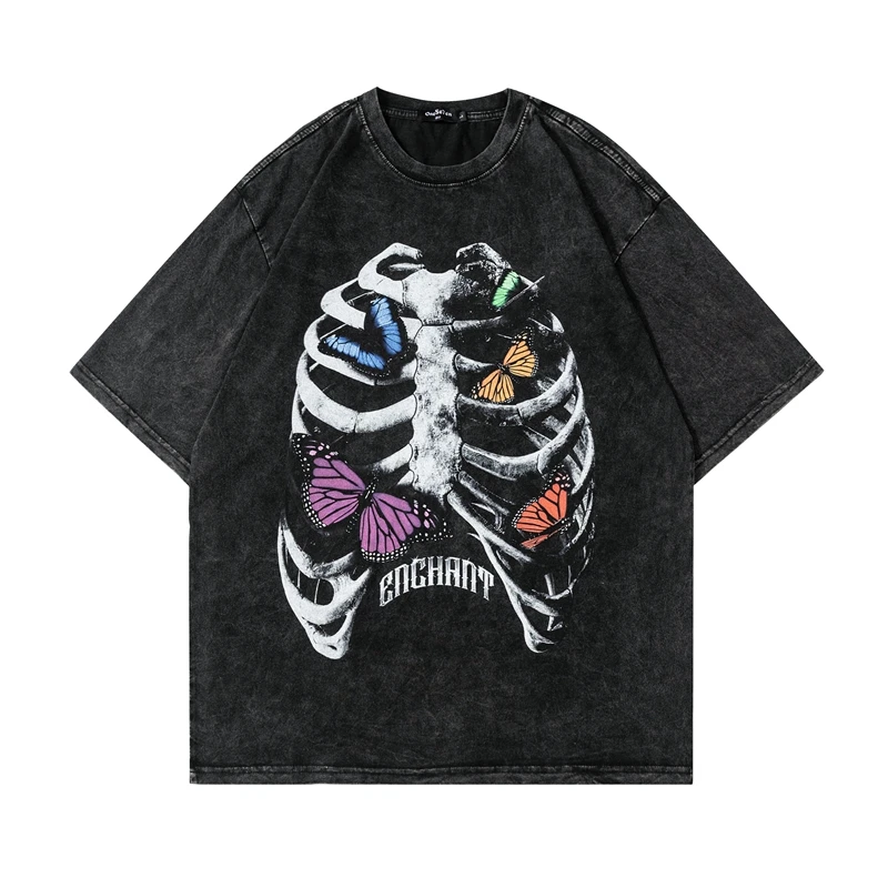 

Gothic T Shirt Men Women Oversized Skeleton Skull Butterfly Print Cotton Short Sleeve Hip Hop Punk Streerwear Graphic T shirt