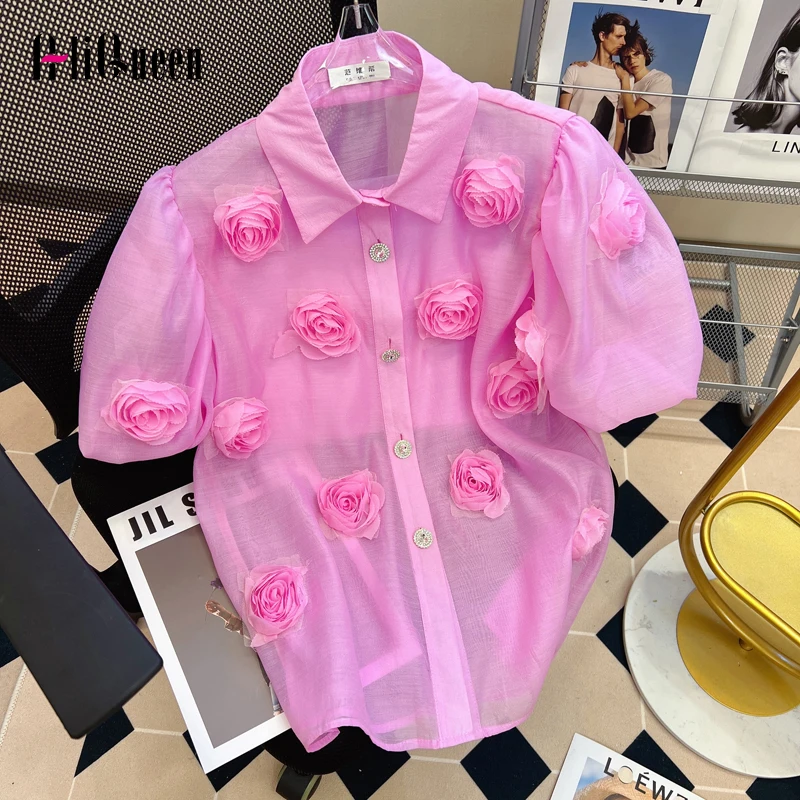 

Рубашка женская прозрачная с цветочной аппликацией, милая фиолетовая блузка с рукавами-фонариками в Корейском стиле, белый топ на лето