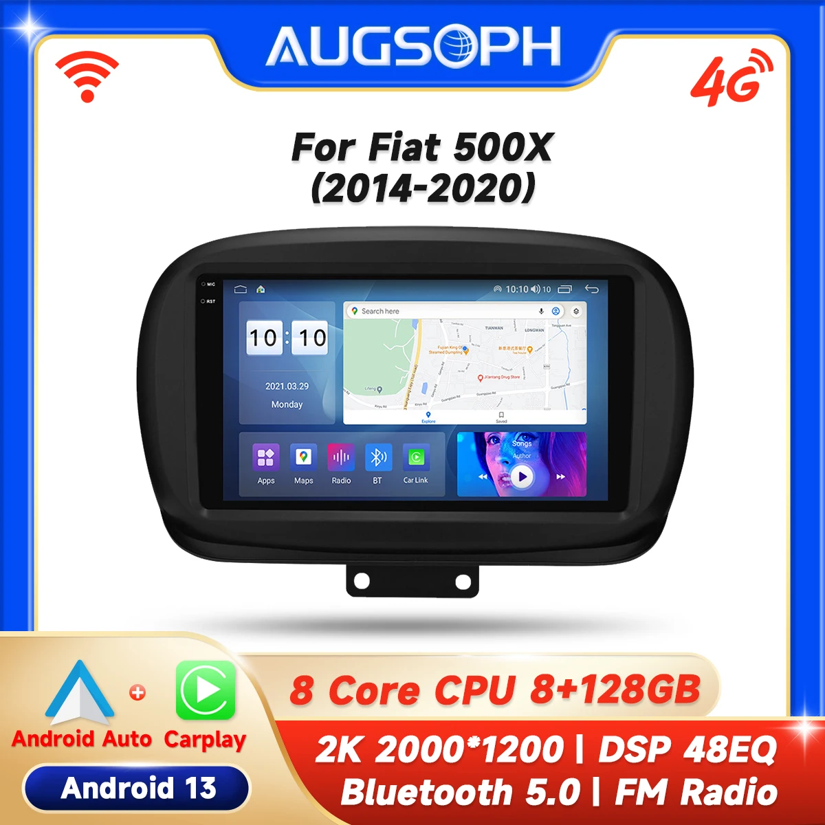 Автомобильный радиоприемник на Android 13 для Fiat 500X 2014-2020 9-дюймовый мультимедийный