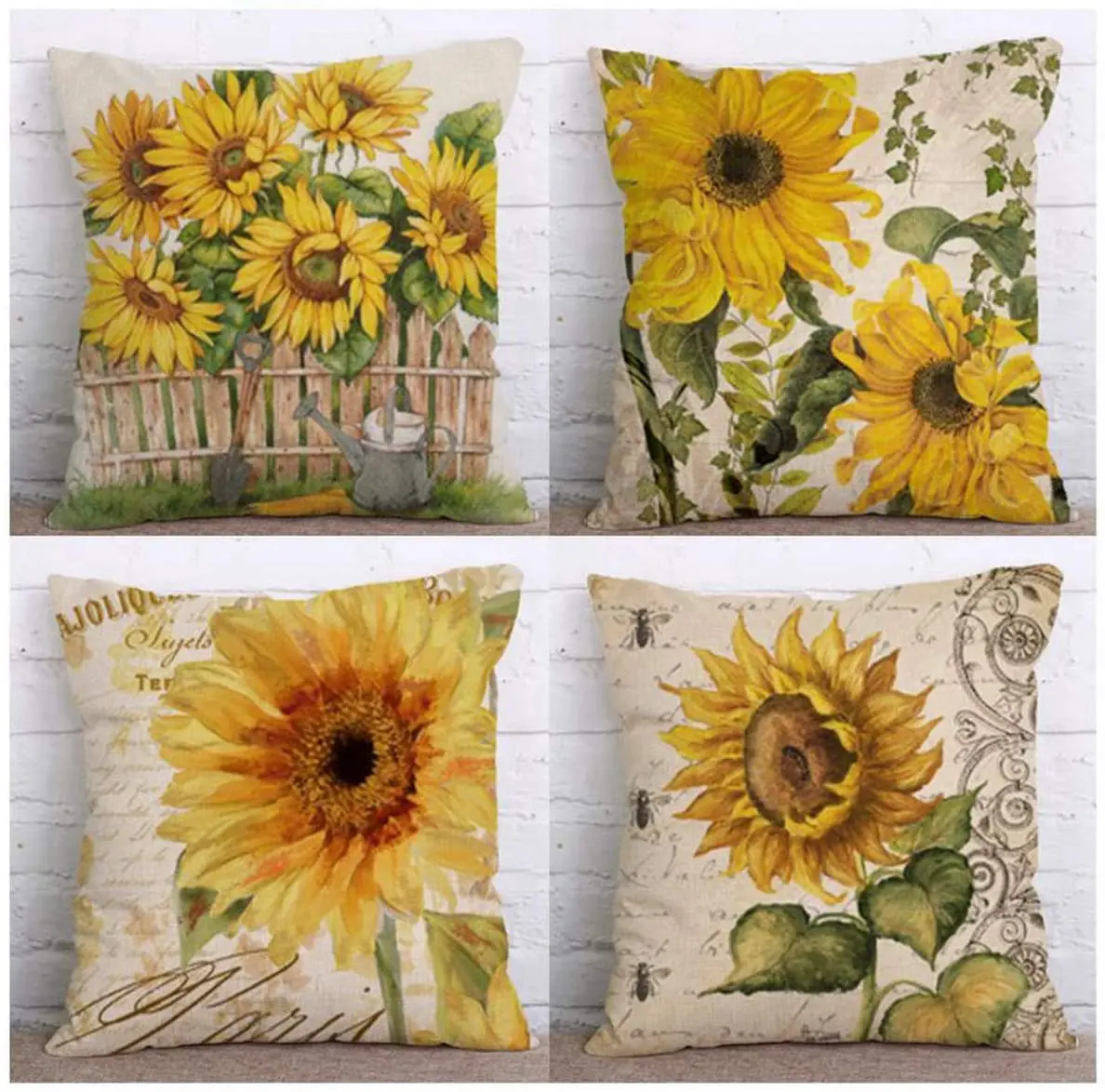 

Set of 4 Pillow Covers Decorative Cushion 18" x 18" Yellow Vintage Sunflower with Butterfly Honeybee Pattern Decorative