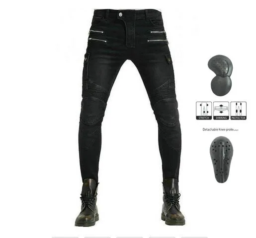 

Джинсы на молнии мужские, мотоциклетные штаны с 4 накладками на бедрах, для езды на мотоцикле и скутере, брюки с карманами на молнии