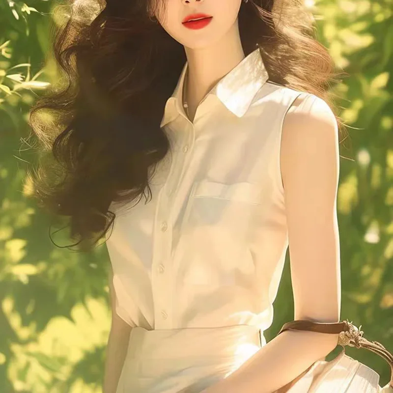 Элегантная белая рубашка без рукавов для женщин 2024 супер шикарный стильный