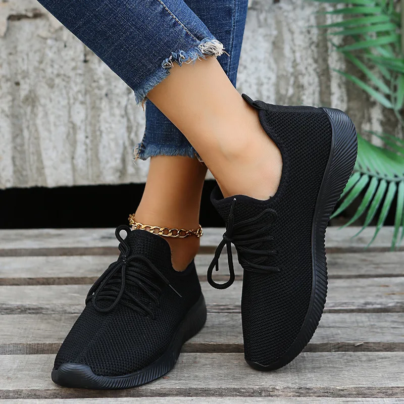 Round Toe Flat Vulcanizeds Shoes Women Breathable Mesh Lace-up Casual Shoes Outdoor Sports Shoes 2022 New Summer Women's Shoes