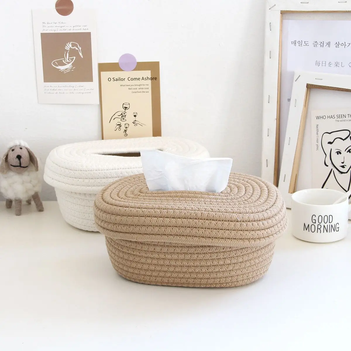

Multipurpose Storage Baskets Cotton Cord Woven Tissue Box Simple Desktop Dustproof Accept Cover Washable Handmade Organizer Case