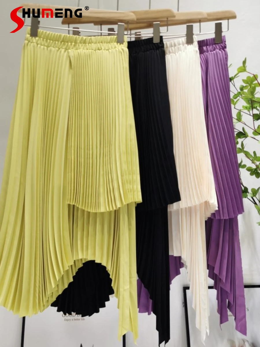 

Candy Color Irregular Design Pleated Skirt Women 2022 Spring Summer New Korean Elastic High Waist Slimming Mid-Length Skirts