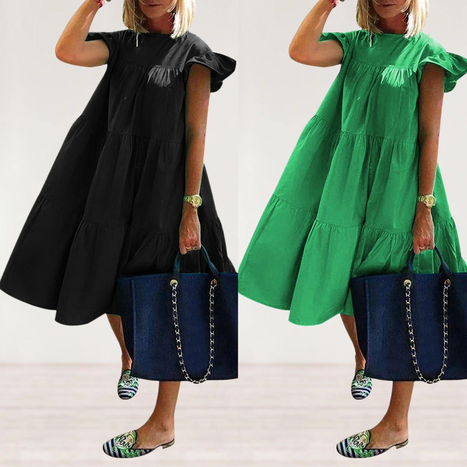 

Ladies Ruffle Sleeve Dress Large Hem Tiered Midi Dress Elegant Solid Color Flowy Summer Beachwear Outfit