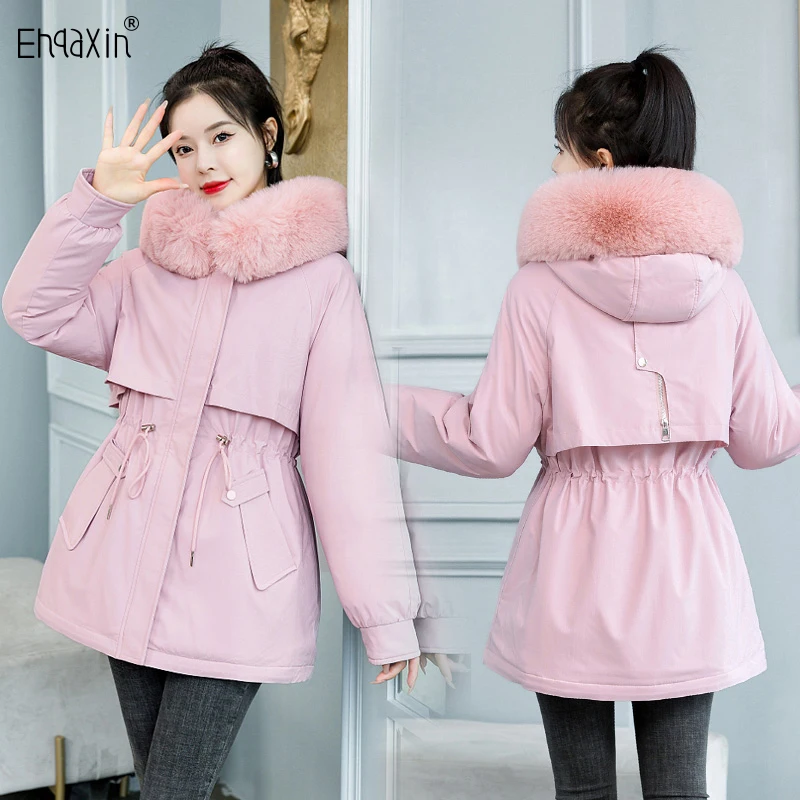 EHQAXIN 2022 Winter Women's Down Jacket Fashion Hooded New Cotton Clothes Thickened Wool Collar Warmth Parker Cotton Coats M-3XL