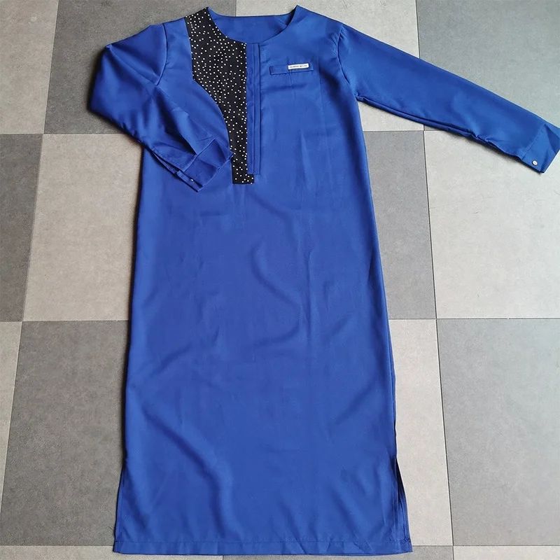 Blue African Dress Dashiki For Men 2022 Tradition Riched Man Long Sleeve Color Block Round Neck Male Plus Size Long Shirt Casual