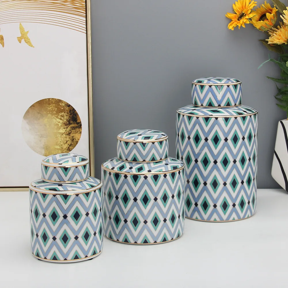 

Ceramic Decorative Jar Geometric Pattern Storage Jar with Lid Flower Vase Flower Arrangement Accessories Handicraft Ornaments