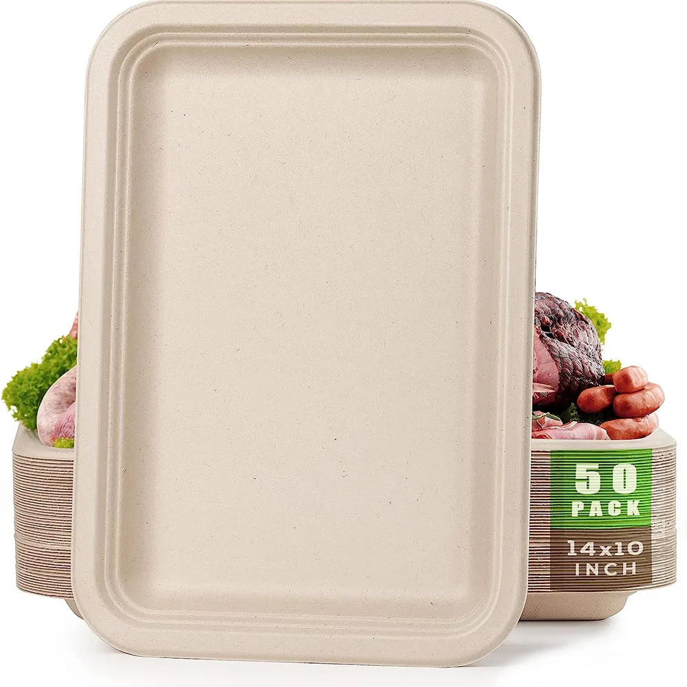 

50 Pack 14 Inch Disposable Food Trays Eco-friendly Large Paper Plates100% Compostable Sugarcane Filber for Party