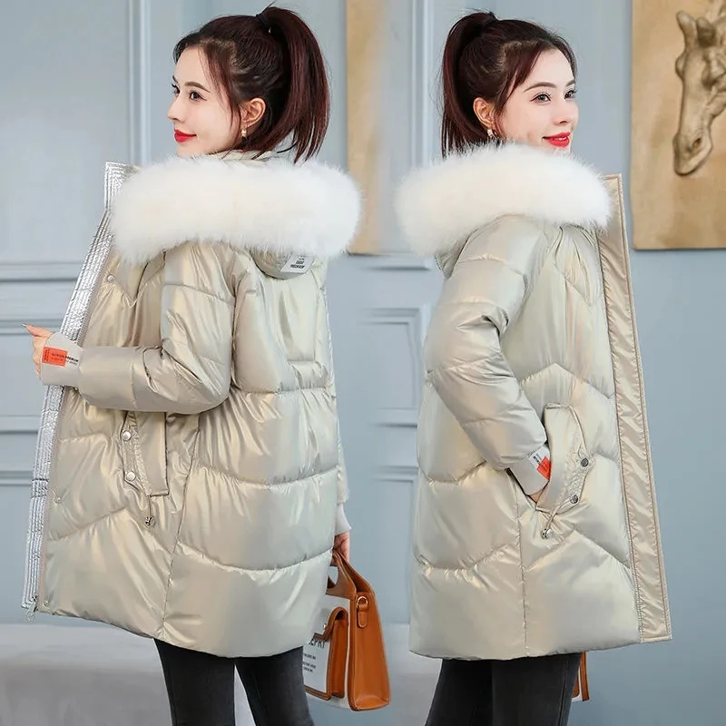 Fur Collar Hooded Quilted Jacket Women Windproof Mid Length Parkas Fashion Glossy Black Padded Coat Snow Wear Winter Outwear