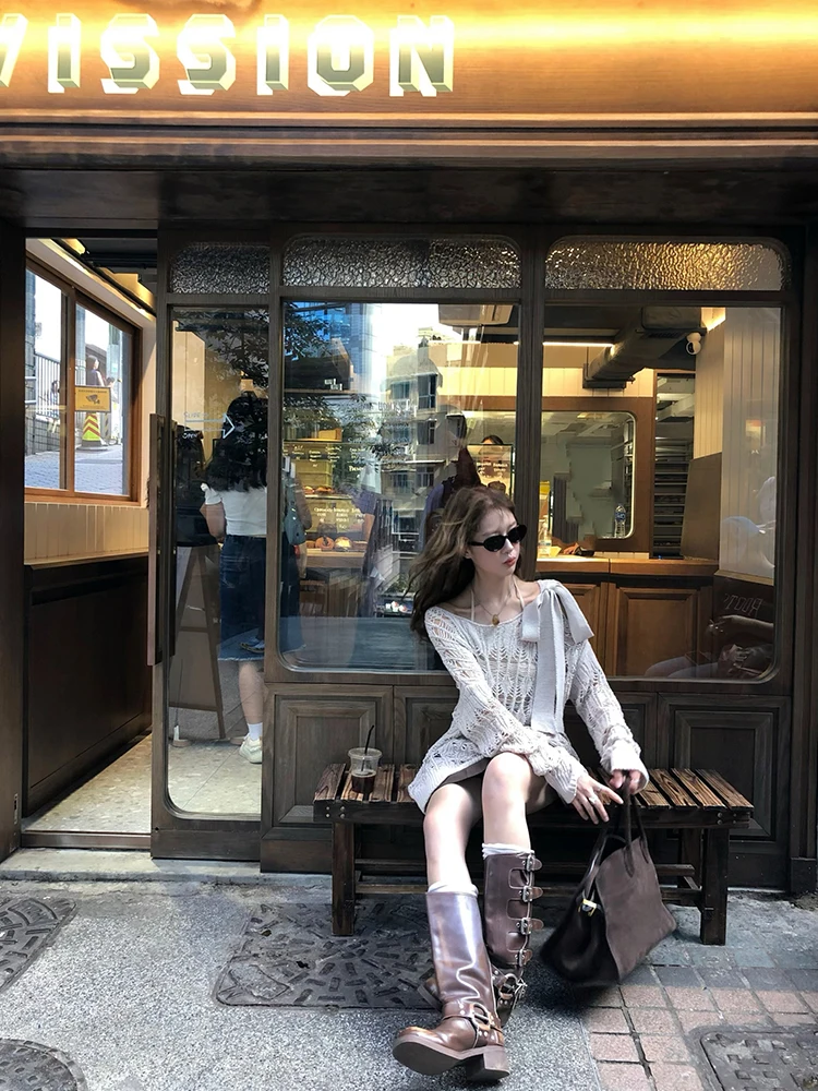 Женский вязаный пуловер оверсайз с вырезом лодочкой в стиле преппи