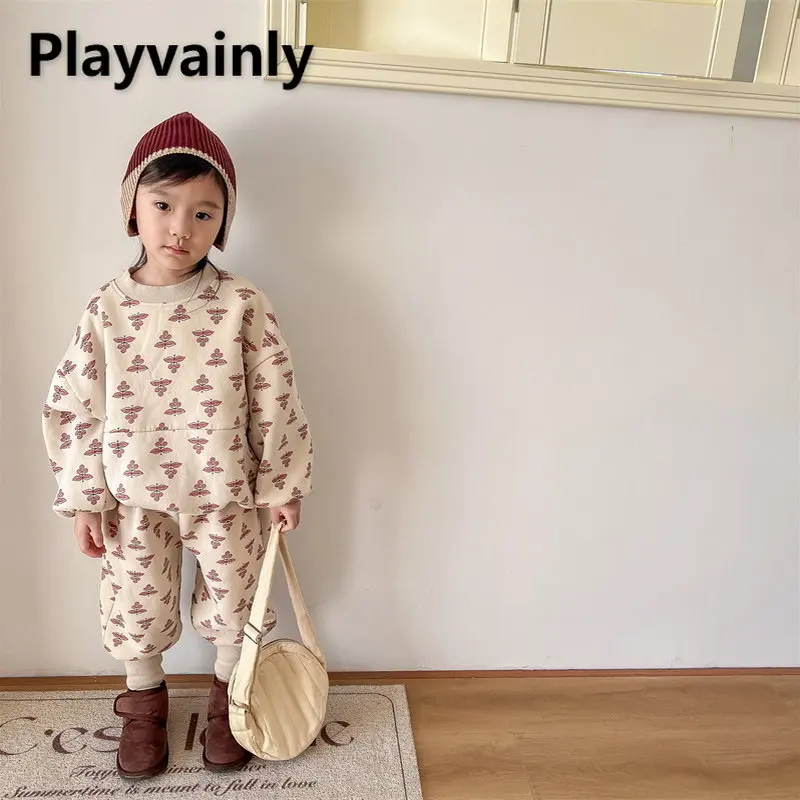 

Autumn Winter Boys Girls Pajamas 2-pcs Sets Fleece Sweatershirt Sweatpants Suit Print Sleepwear Warm Homewear E122679
