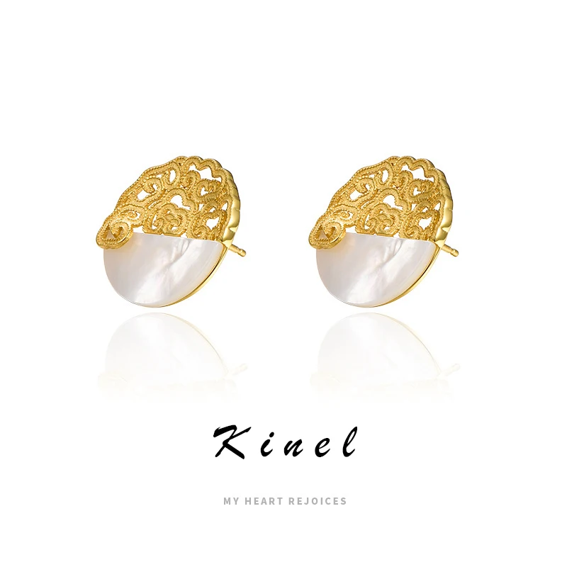 

Kinel 925 Sterling Silver Original Certified Hollow Out Gold Plated Round Stud Earrings Luxury Retro Palace Jewelry Accessories