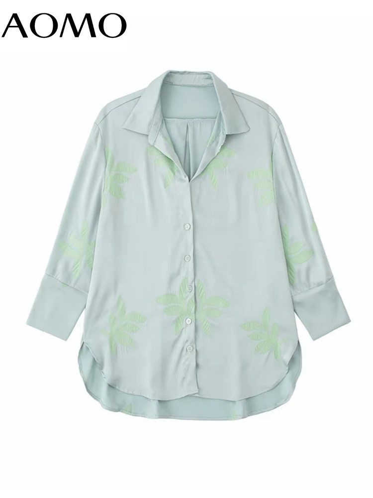 

AOMO Women Embroidered Satin Oversized Shirts Vintage Long Sleeve Buttons Female Blouses 3H641A