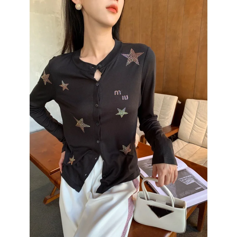

Autumn And Winter New Japanese And Korean Women's Casual Temperament Fashion Five Point Star Studded Bead Slim Knitted Cardigan