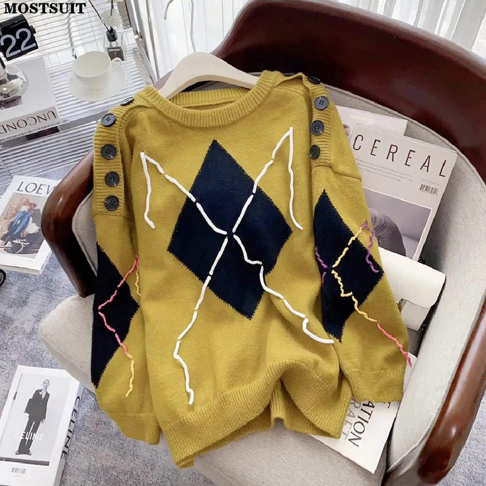 

Женский вязаный пуловер на пуговицах, винтажный свитер с длинными рукавами и узором ромбиками, свободный джемпер, зима 2022