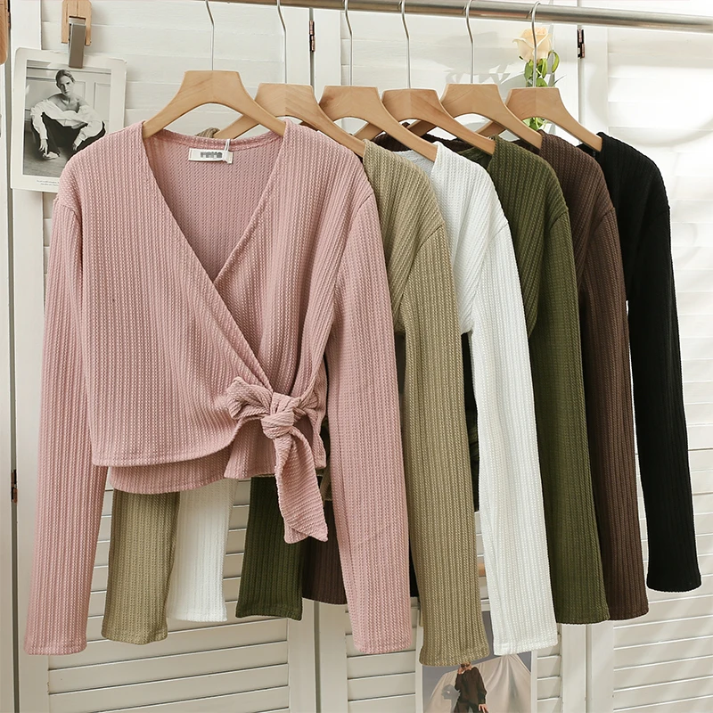 

Almighty Casual Femme T-Shirts Autumn Deep V-Neck Butterfly Criss-cross Long Sleeve Woman Tees Tops Korean Fashion Women TShirt