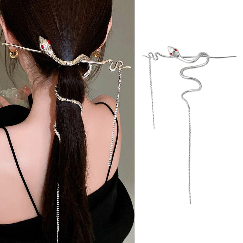

Snake shape Hairpin Hair Stick Winding Twine Warp Long Tassel Rhinestone Metal Punk Headwear Hair Accessories For Women Jewelry