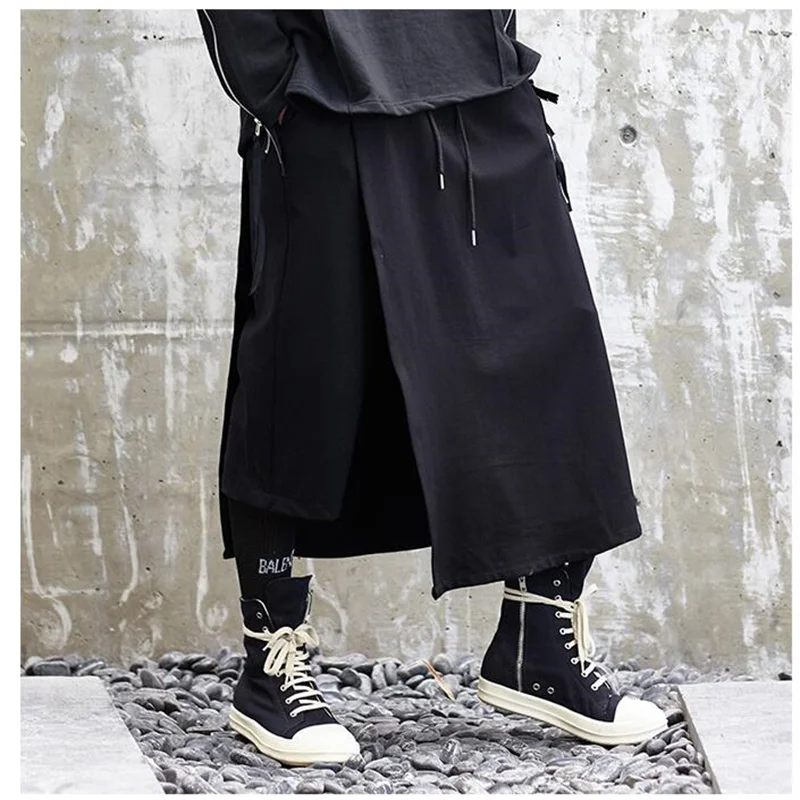 Original designer eight-point pants men's culottes one fake two dark men's and women's loose wide-leg pants casual all-match