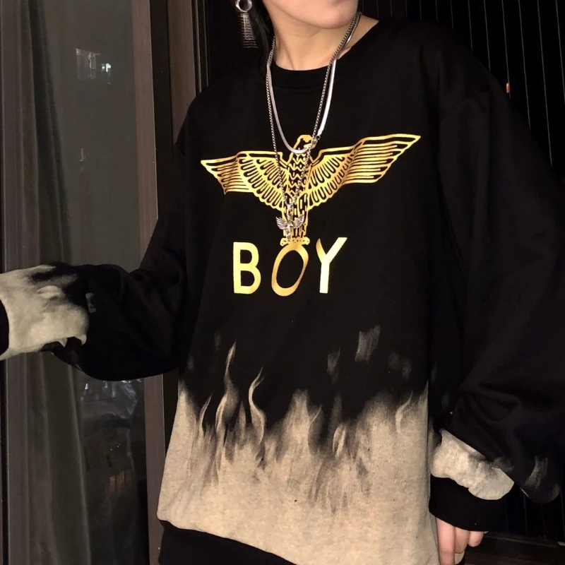 

Boy London Spring and Autumn Men's and Women's New Personality Fried Street Printing Plus Velvet Thick Flame Sweater Casual Top