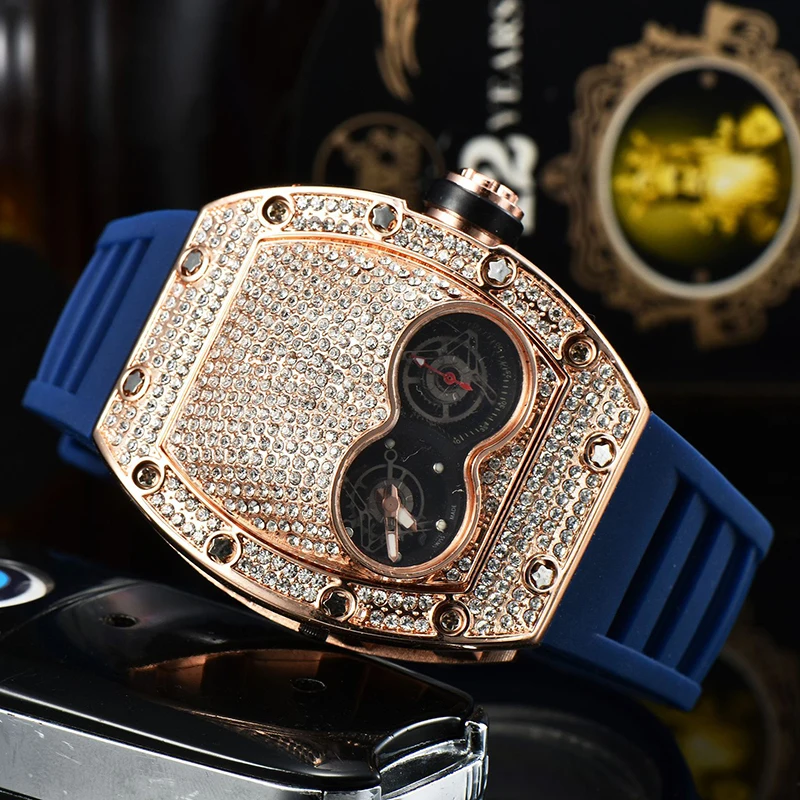 New Rose Gold Men's Watches Fake Double Tourbillon Watches for Men Diamond Wristwatches Man Male Clocks Fashionable Luxury Watch
