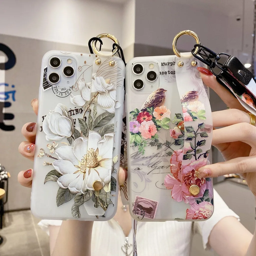 

Phone Case for iPhone 14 13 12 11 Pro Max SE 2020 X XR XS 8 7 6S 6 Plus Flower Soft Cases with Neck Hand Strap Lanyard