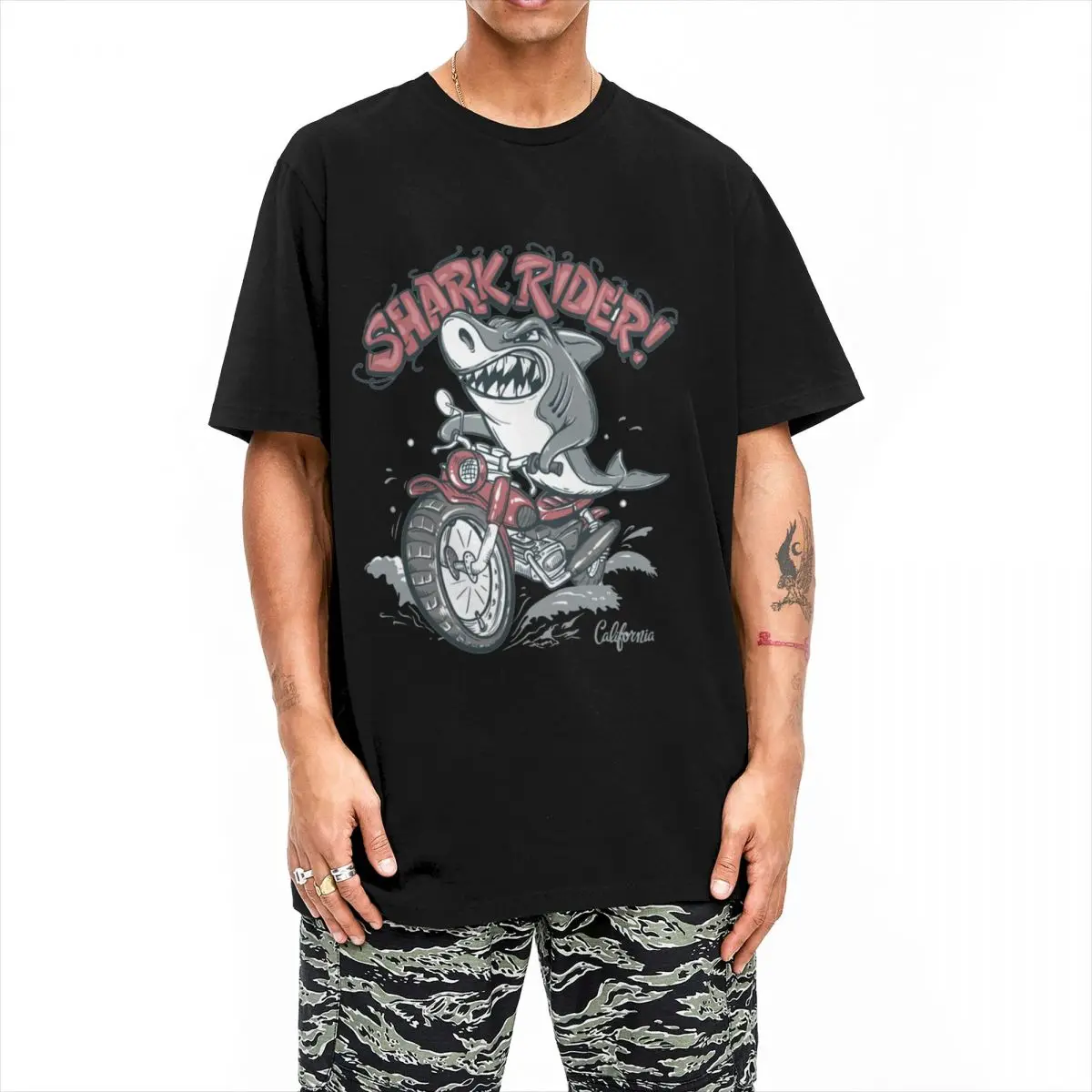 Футболка мужская с принтом Акула райдер Пляжная тенниска из чистого хлопка