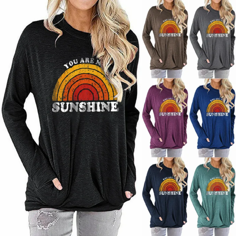 

Women's Autumn Winter Long Sleeve T-Shirt Letter Rainbow Print Loose Round Neck Pocket Oversized T Shirt Graphic T Shirts Tops