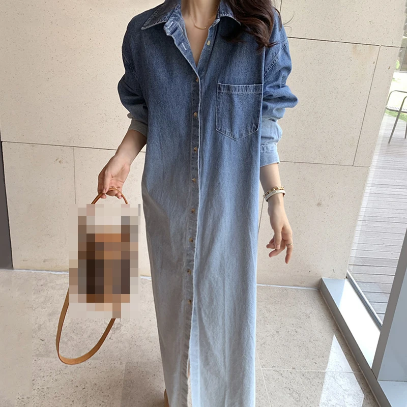 

Джинсовое платье-рубашка с отложным воротником, винтажное свободное Макси-Платье на пуговицах, с длинным рукавом, повседневная одежда в Корейском стиле на осень и весну