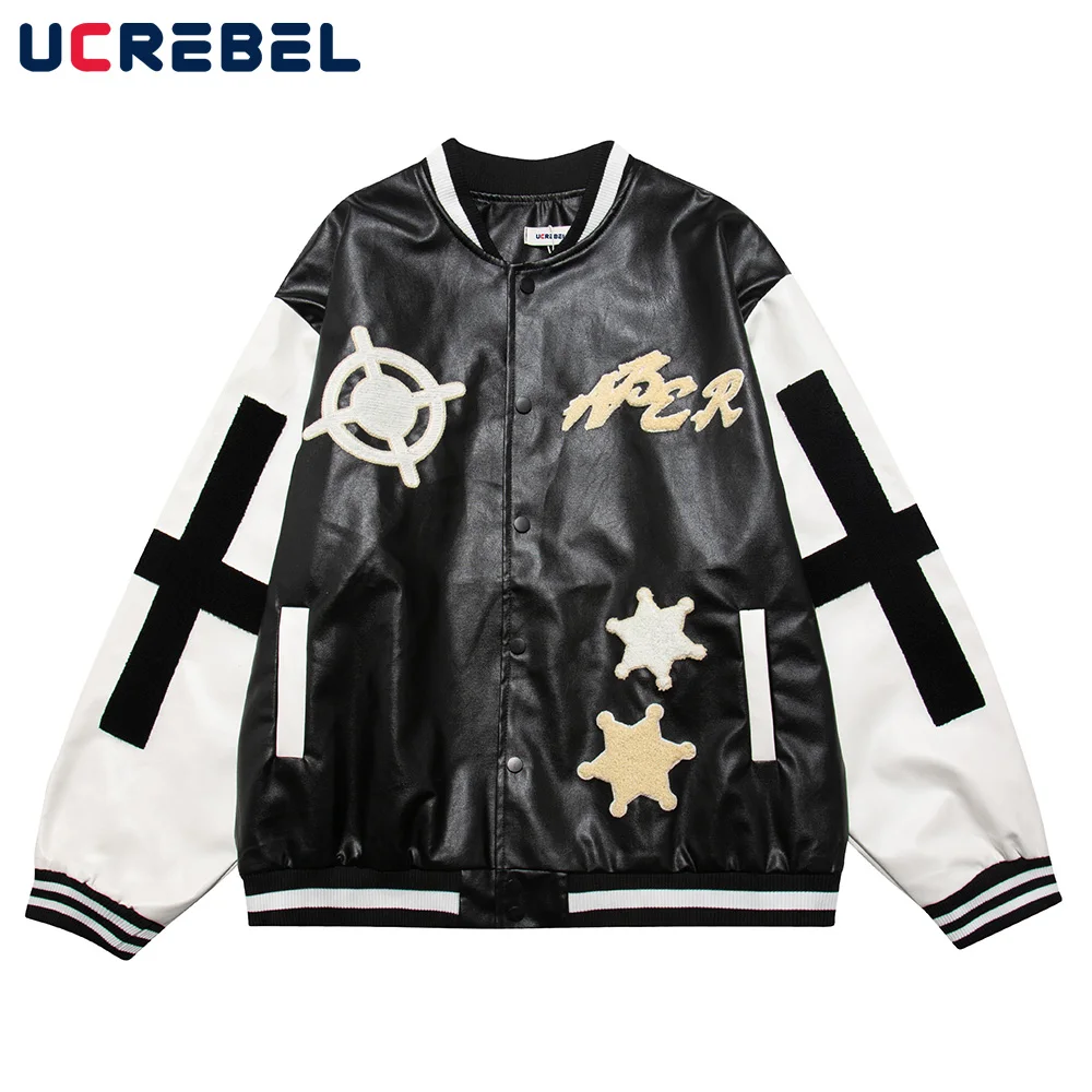 

Contrast Paneled Pu Leather Jacket Mens Streetwear Towel Embroidery Casual Sleeve PU Jacket Autumn Loose Baseball Outerwear Men