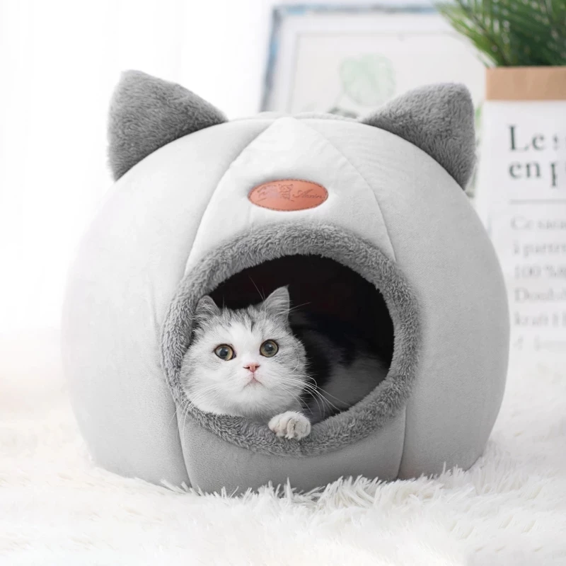 

Cute Foldable Cat Bed Nest Indoor Dog House Removable Mattress Cage Semi-closed Warm Kennel Winter Pet Nests Cozy Soft Nest Kenn
