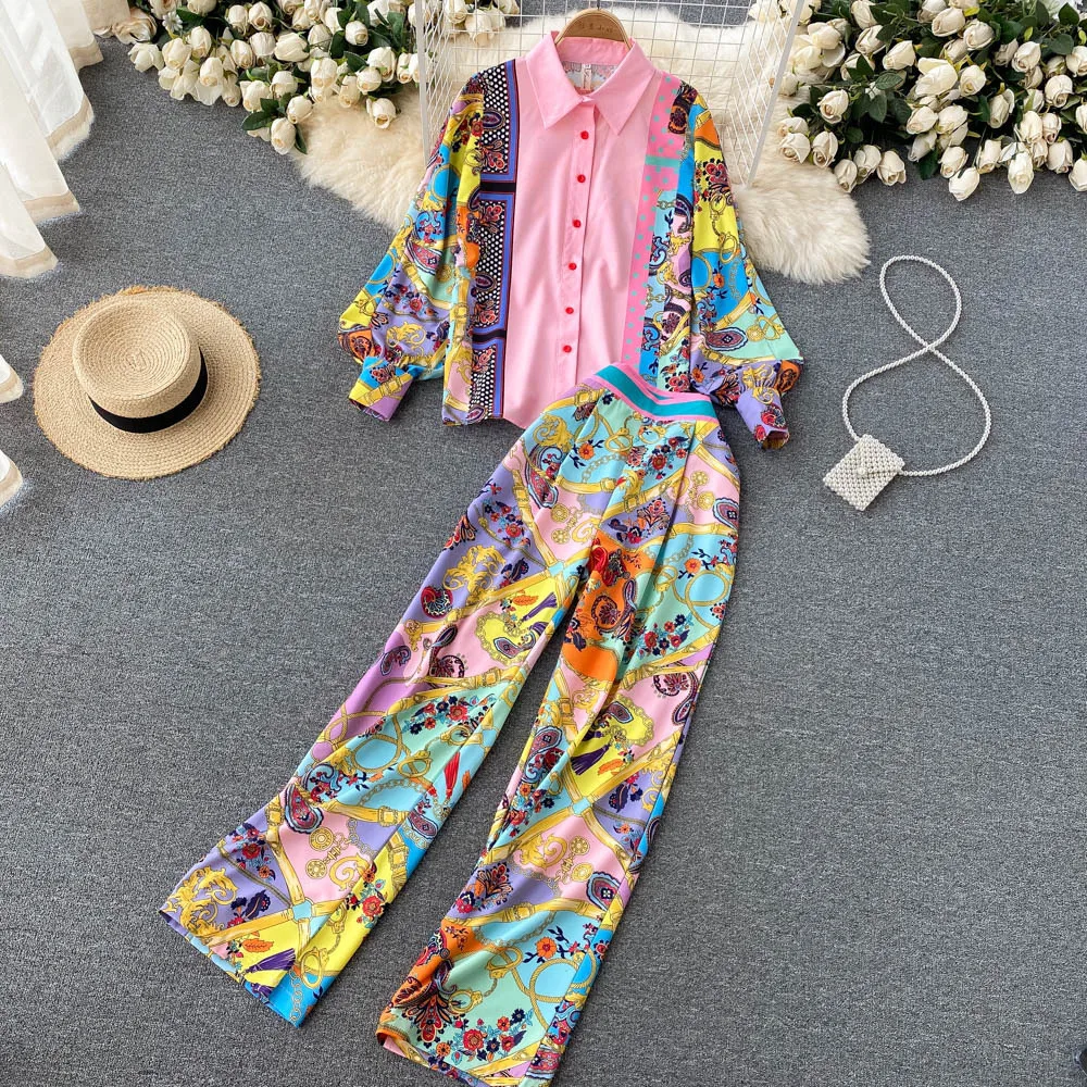 French Retro Printing Women Pajamas Set Elegant Temperament Sleepwear Loose High Waist Wide Leg Trousers Pijama 2 Pcs Home Suit