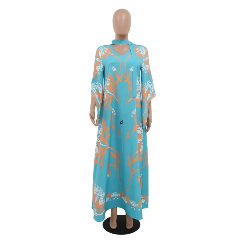 Printed Abaya Arabic Long Dress  Women Streamer Neck Oblique Cuff Muslim Dresses Dubai Abaya Middle East Saudi Jalabiya Kaftan