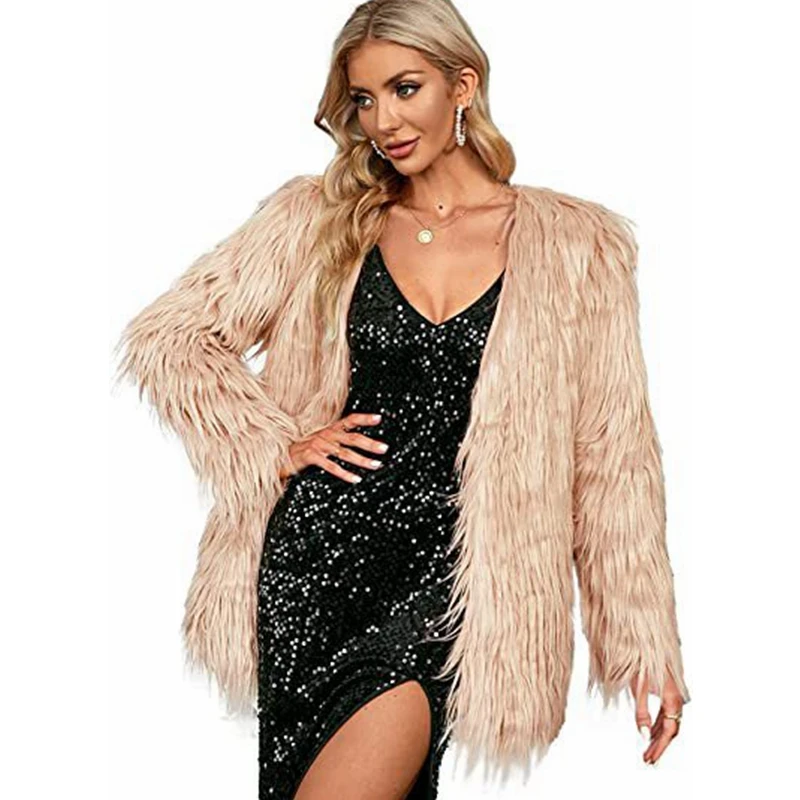 Autumn Winter Plush Coat Women Casual Solid Color Loose Cardigan Faux Fur Coat Women's Casual Long Sleeve V-neck Warm Large Coat