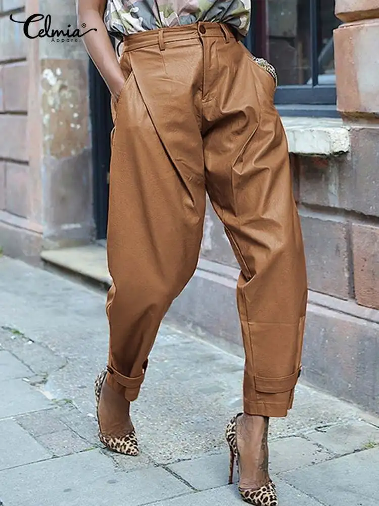

Celmia Casual Harem Pants Fashion Women Solid Pantalon Streetwear PU Leather 2022 Autumn Oversize High Waist Pocket Long Trouser