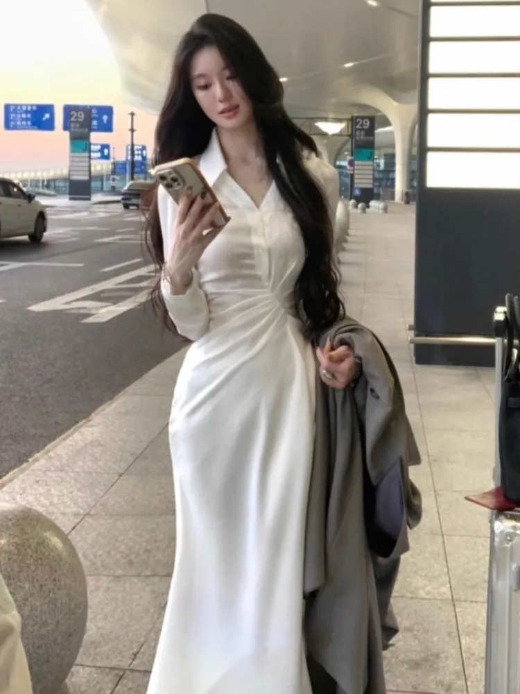 Осенние белые платья-рубашки с v-образным вырезом для женщин элегантное