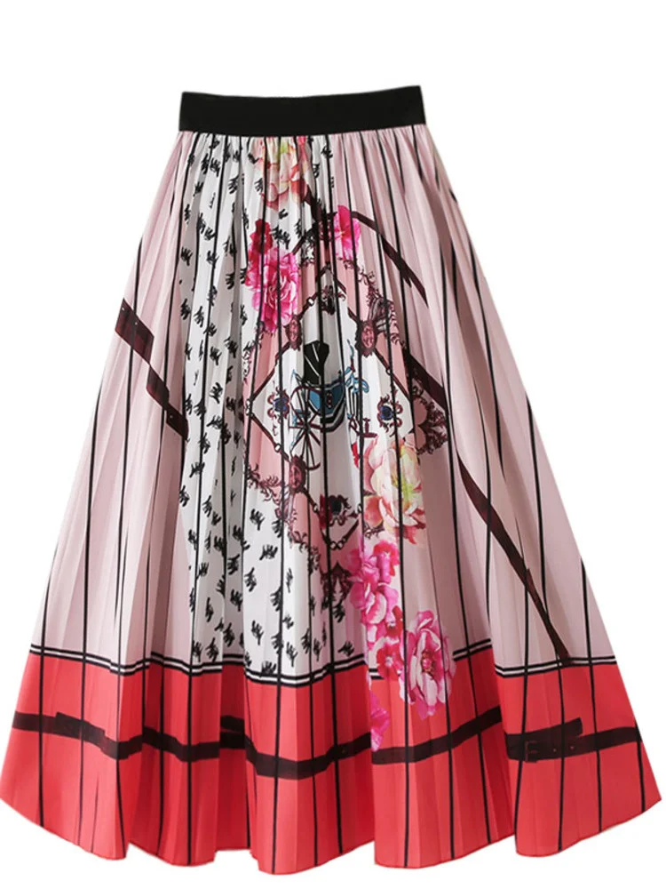 

Women Fashion National Style Color Contrast Printing Chiffon A-word Large Swing Elegant Pleated Skirt 2022 Summer G384