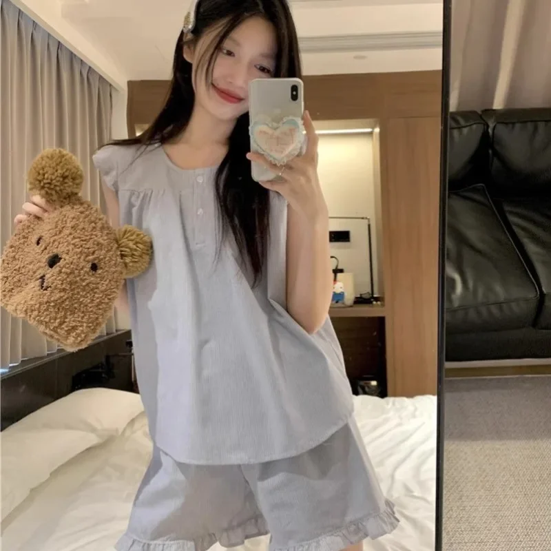 Новинка лета 2024 хлопковая женская одежда для сна с синей полоской и v-образным