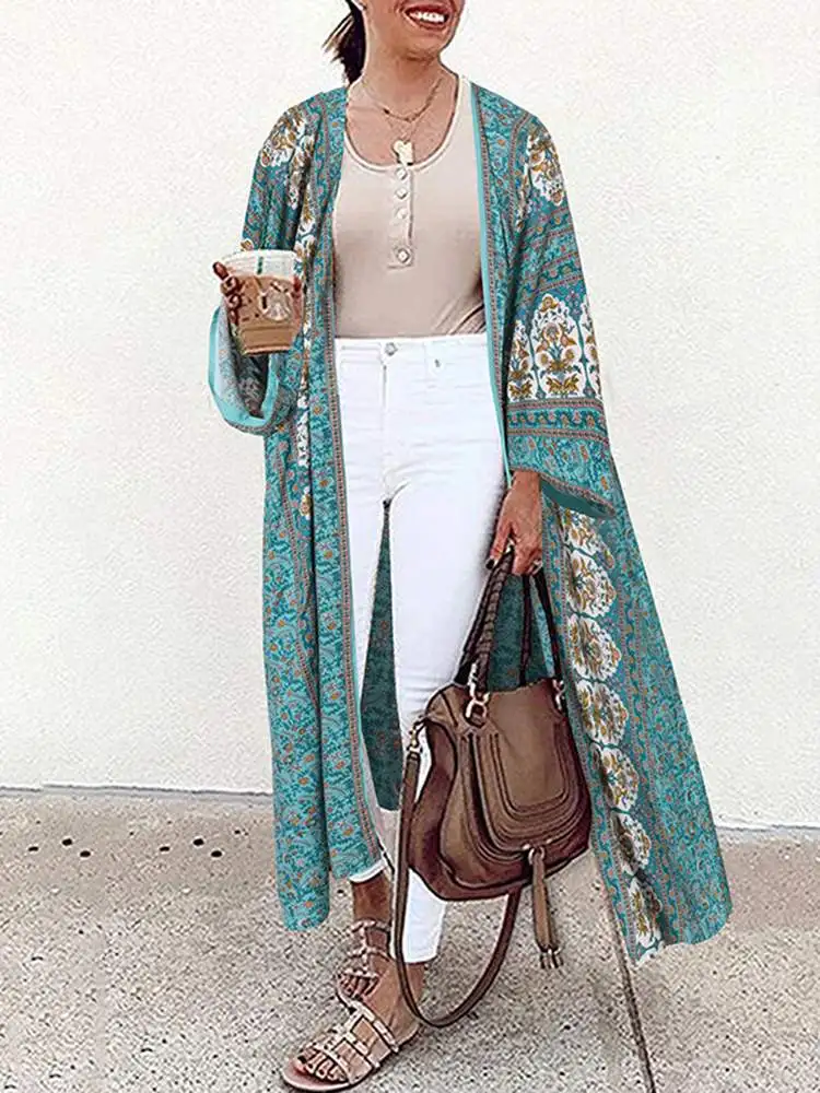 

Fashion Long Cardigan Autumn Women Blouse ZANZEA Bohemian Printed Beach Kimonos Casual Tops Vintage 3/4 Sleeve Floral Shirt