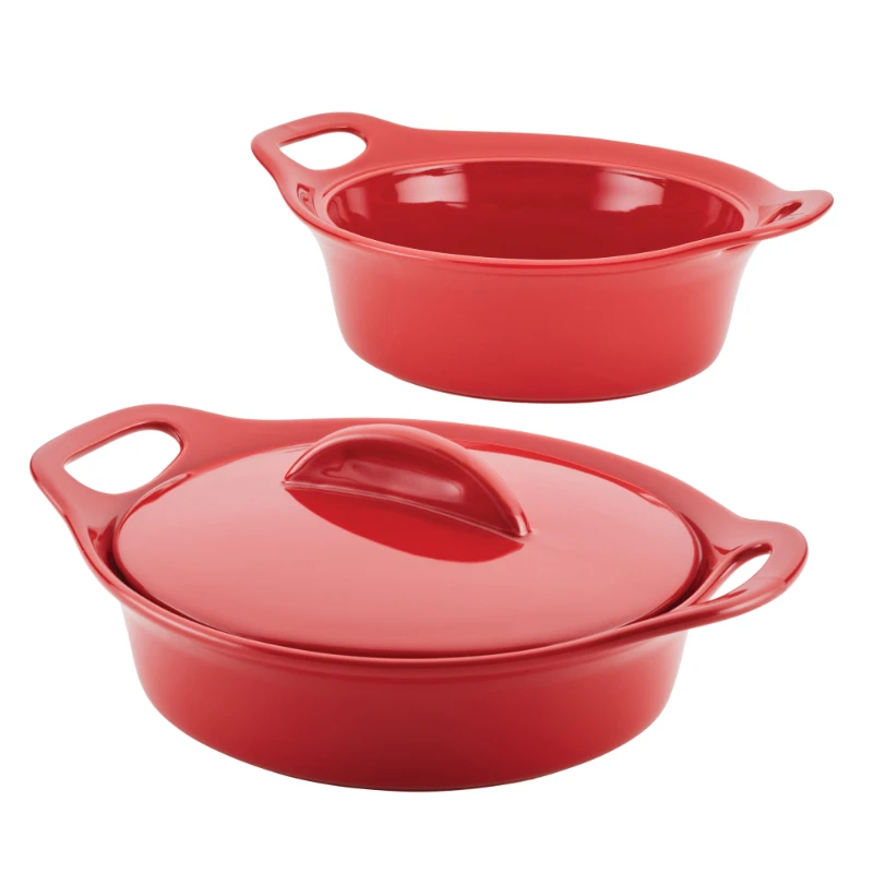 

Ceramic Casserole Bakers with Shared Lid Set, 3-Piece, Red