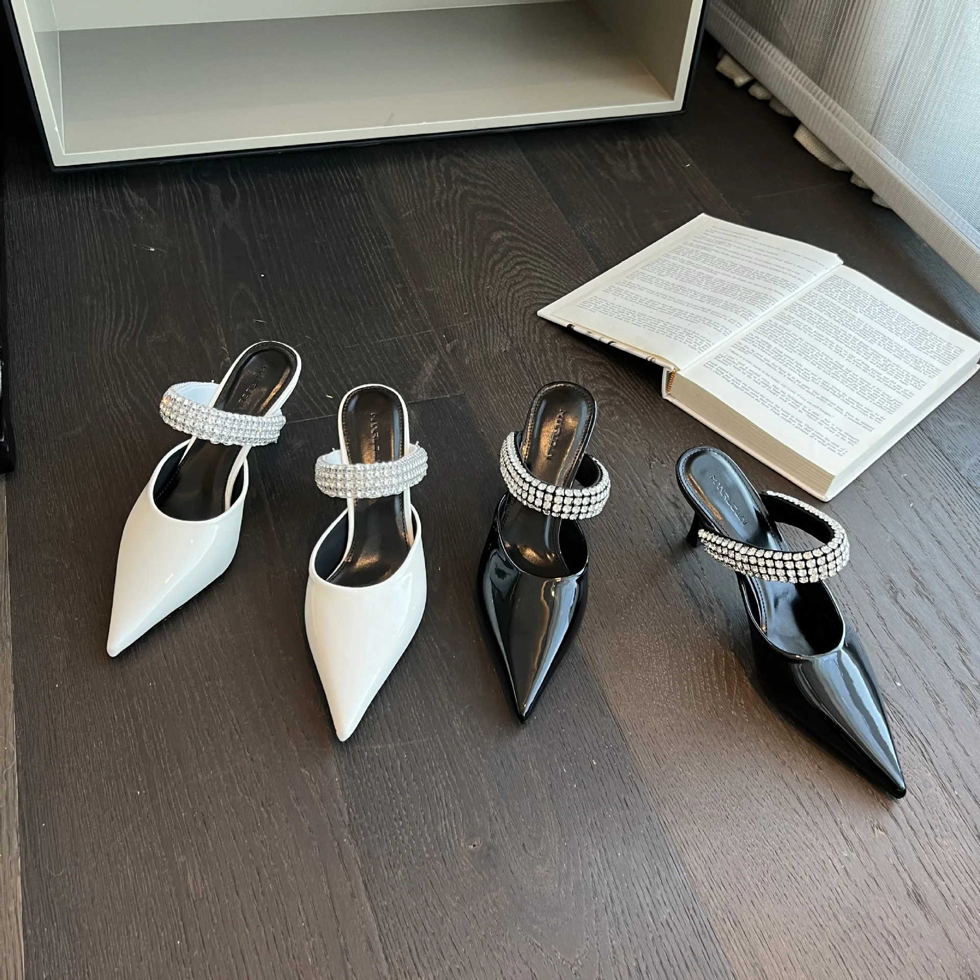 Women Japanned Leather Band Pointed Toe Slippers Crystal High Heels Party Shoes Backsling Sandalias Mujer Sandals