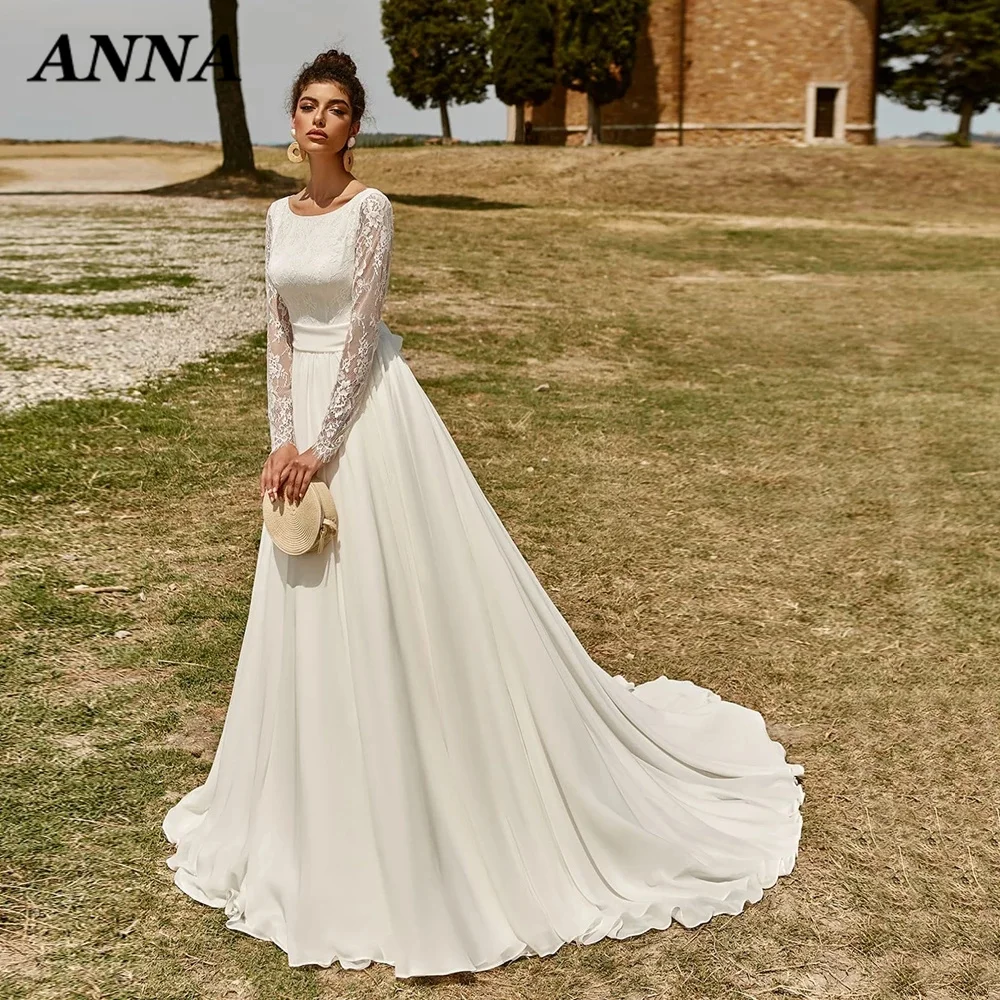 

Anna Beauty Wedding Dress 2022 Elegant Scoop Long Sleeve Lace Sash Chiffon A-Line Vestido De Noiva Civil for Women Custom Made