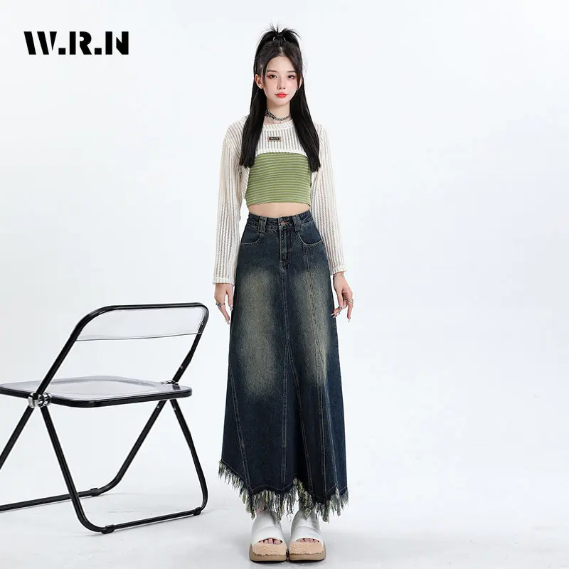 

Женская винтажная джинсовая юбка с бахромой, базовая трапециевидная юбка с высокой талией в американском ретро стиле, Y2K, лето 2023